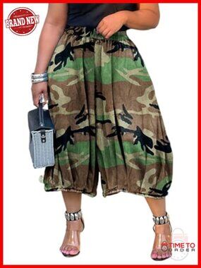 Women's Camo Cargo Jeans Baggy Wide Leg High Waist Capris Army Fatigue Denim